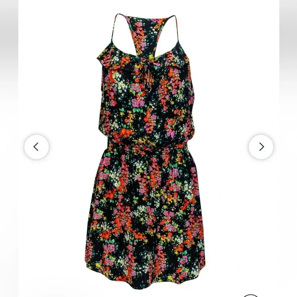 Parker Y2K vibe Black floral print Silk sleeveless Dress Multicolor size Small